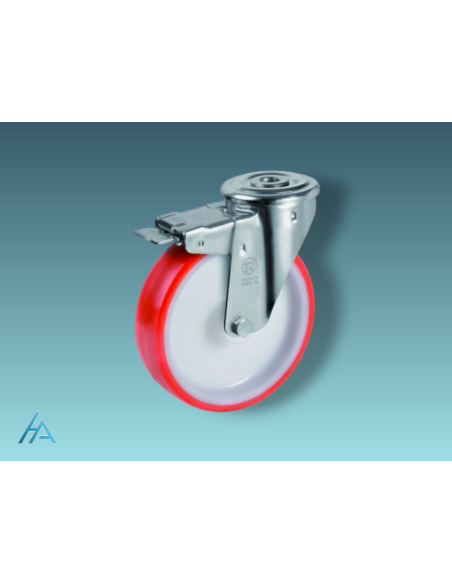 Roulette diamètre 80 mm pivotante frein roulement à billes à Oeil polyuréthane rouge - 130 Kg