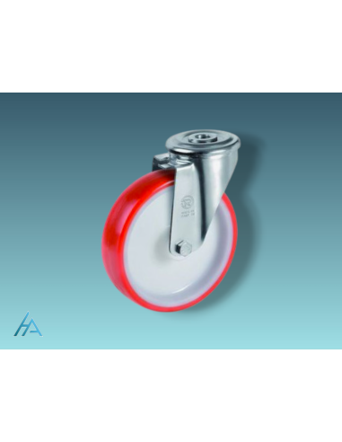 Roulette diamètre 80 mm pivotante roulement à billes à Oeil polyuréthane rouge - 130 Kg