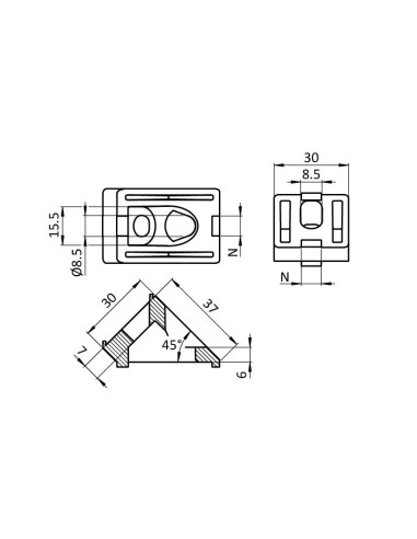 Connecteur d'angle 45° 30x30 SILVER 093WS30245N08