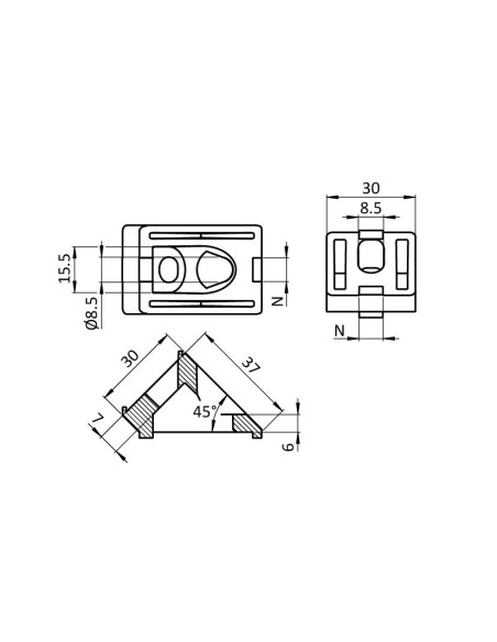 Connecteur d'angle 45° 30x30 SILVER 093WS30245N08