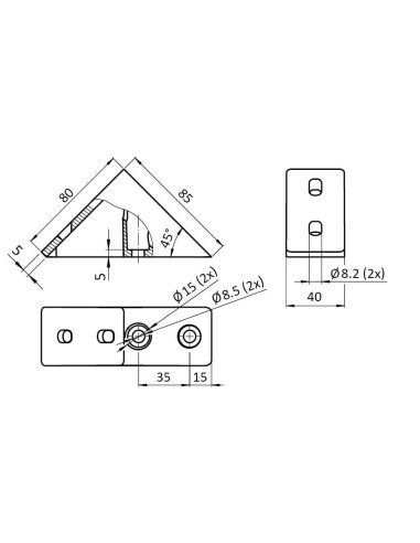 Connecteur d'angle 45° 40x80 SILVER 093WS40245