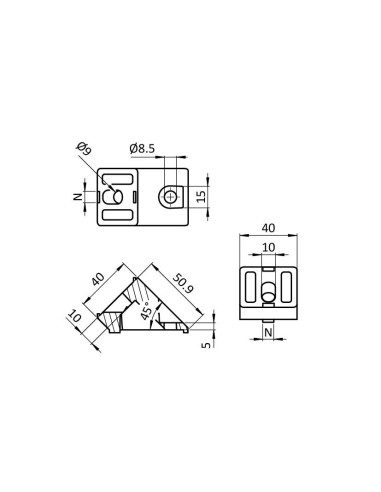Connecteur d'angle 45° 40x40 SILVER 093WS40145N08