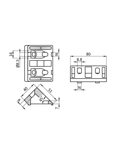 Connecteur d'angle 45° 80x40 SILVER 093WS80145N08