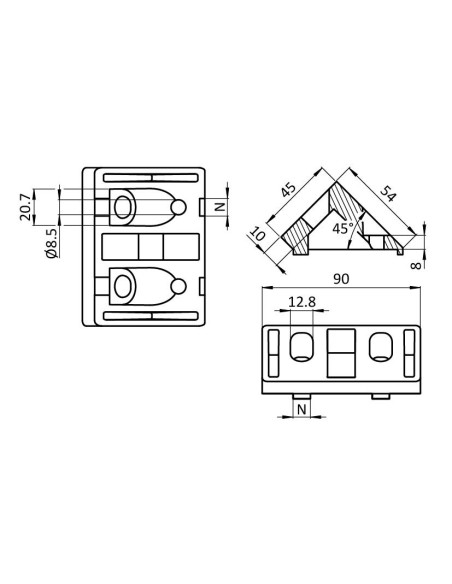 Connecteur d'angle 45° 90x45 SILVER 093WS90145N10